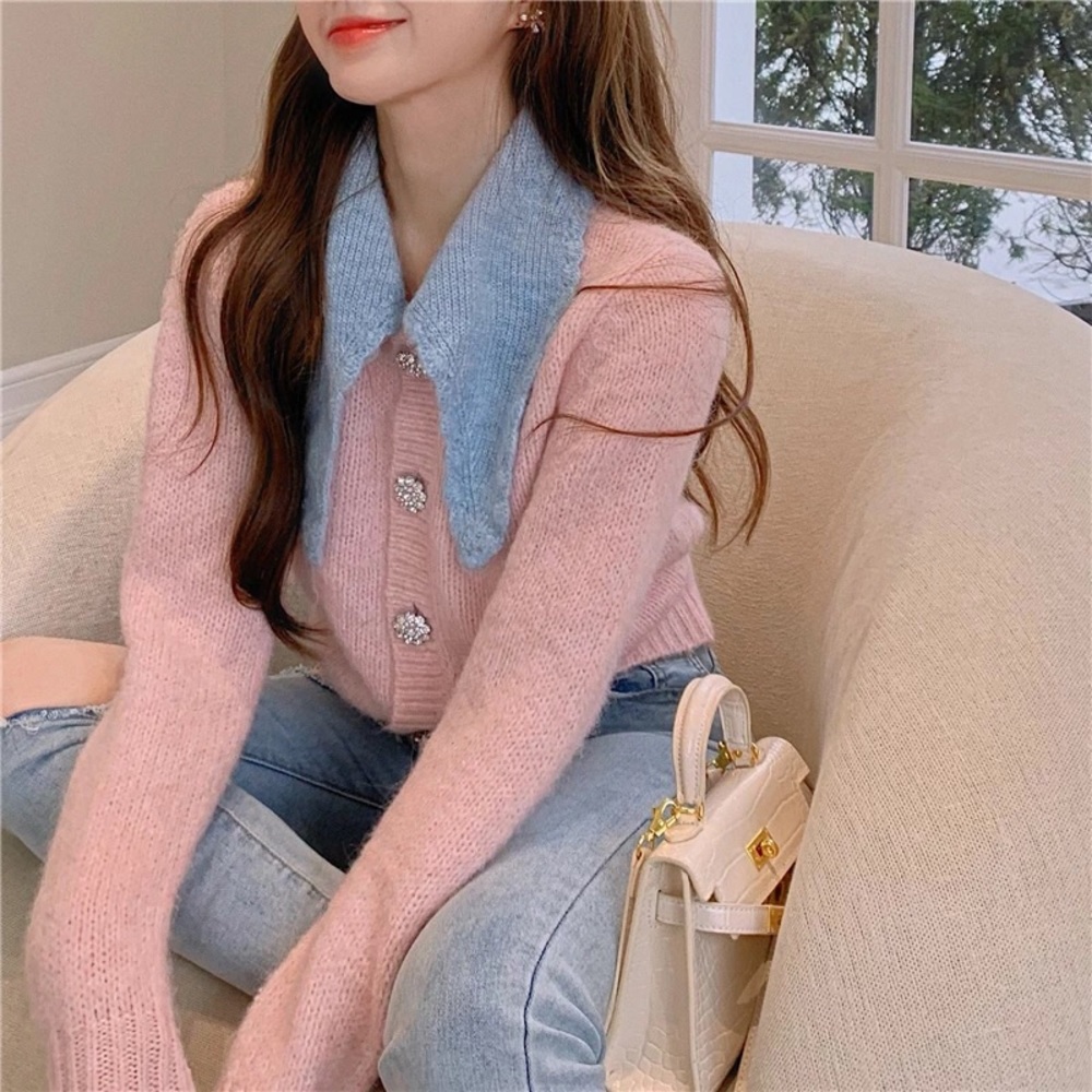 Cardigan sweater stone button pink blue collar short sweater knit - Picture 5 of 11